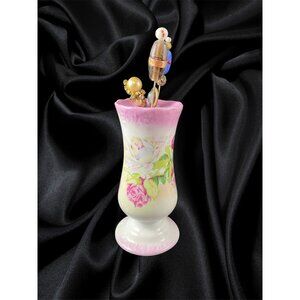 Vintage RS Prussia Ceramic Hatpin Holder With Hand-Painted Floral Design & Three